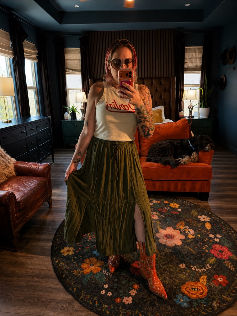 Olive Green Flowy Maxi Skirt - Women's Casual Boho Style